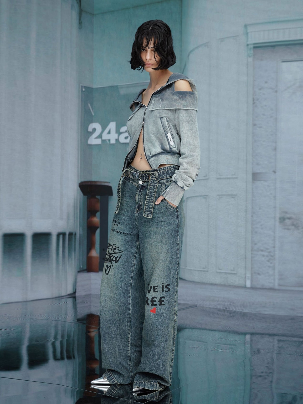 Hoodie beschnittene Open-Shoulder Parka