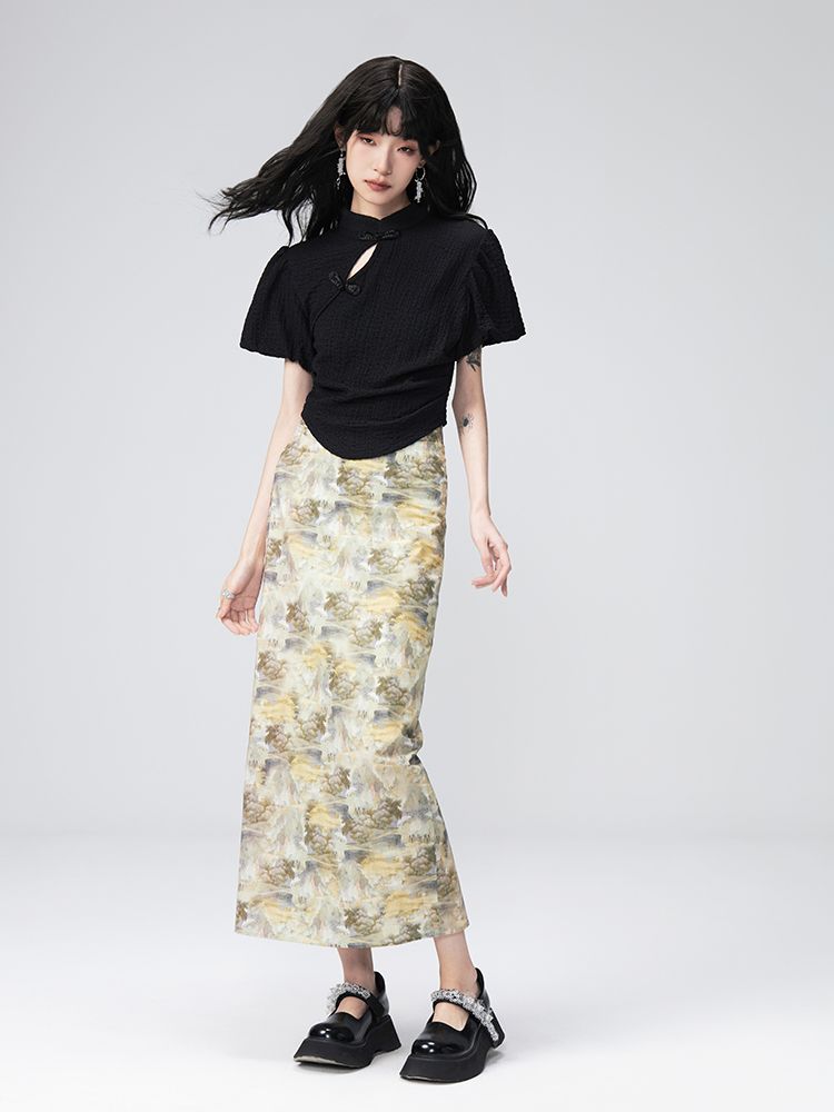 PUFF-SLEEVE FLOWER RETRO BLOUSE & PENCIL-SKIRT