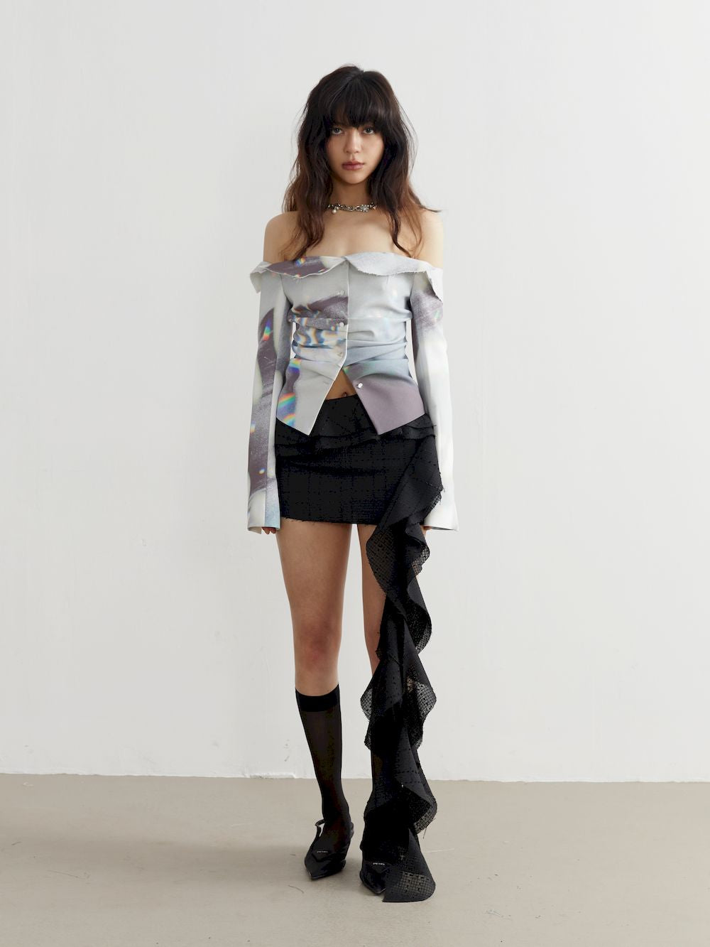 Ruffle Lace Nichi Tight Micromini Long-Frill Skirt