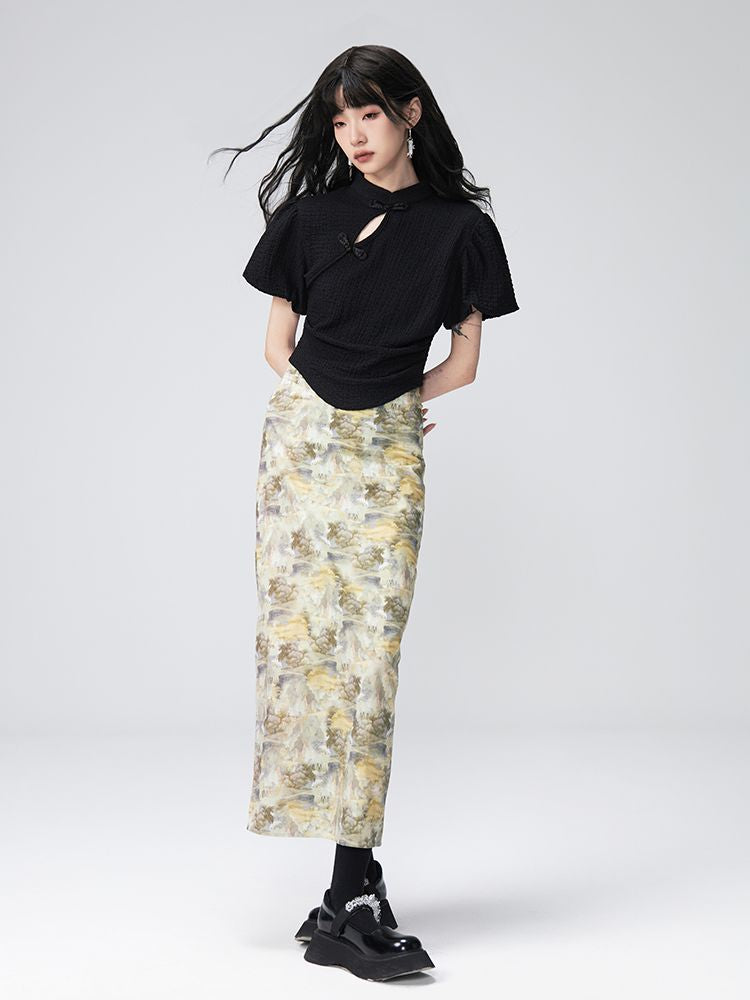 PUFF-SLEEVE FLOWER RETRO BLOUSE & PENCIL-SKIRT