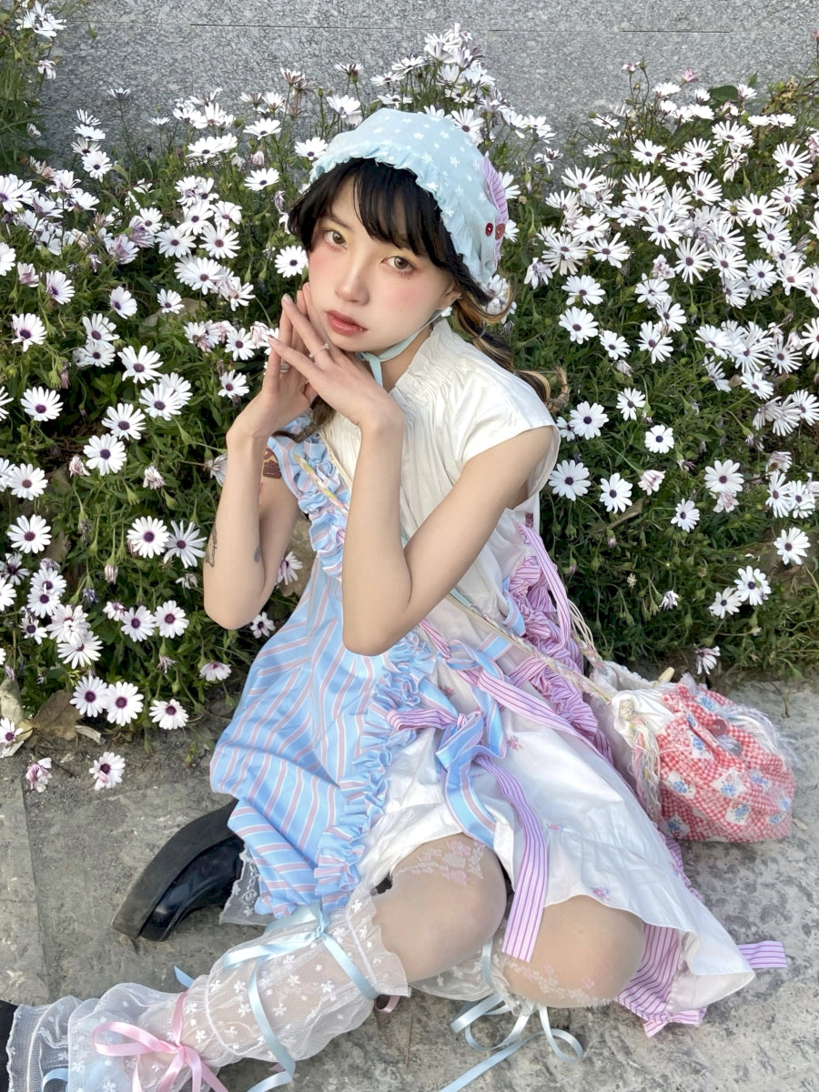 Fancy Patchwork Asymmetry Stripe Pale Girly Retro One-Piece