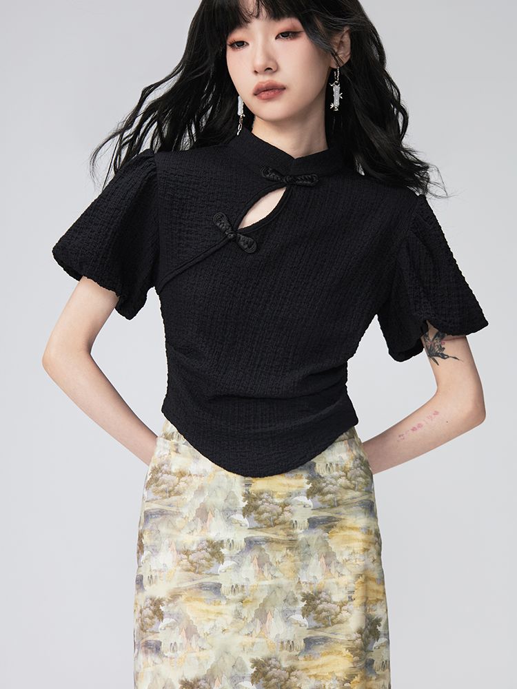 PUFF-SLEEVE FLOWER RETRO BLOUSE & PENCIL-SKIRT