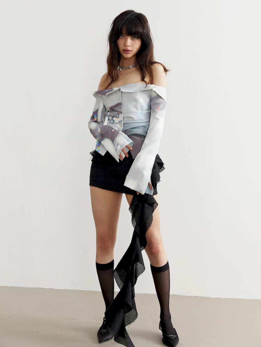 Ruffle Lace Nichi Tight Micromini Long-Frill Skirt