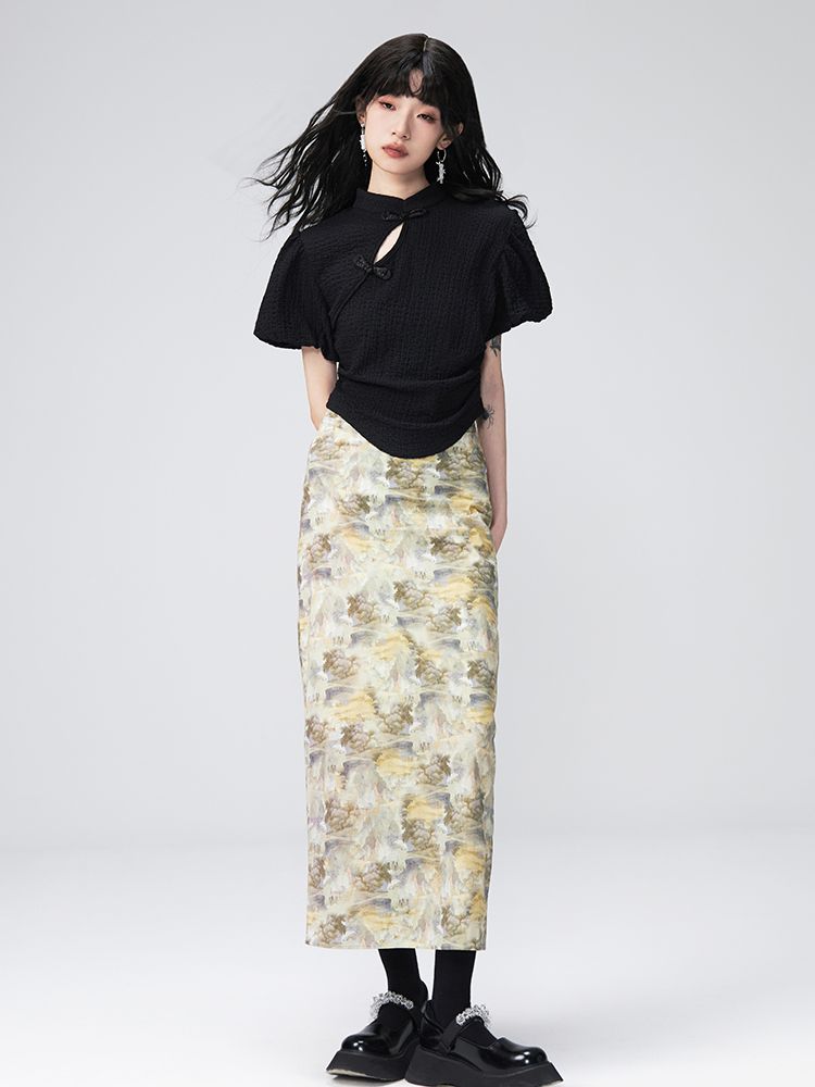 PUFF-SLEEVE FLOWER RETRO BLOUSE & PENCIL-SKIRT