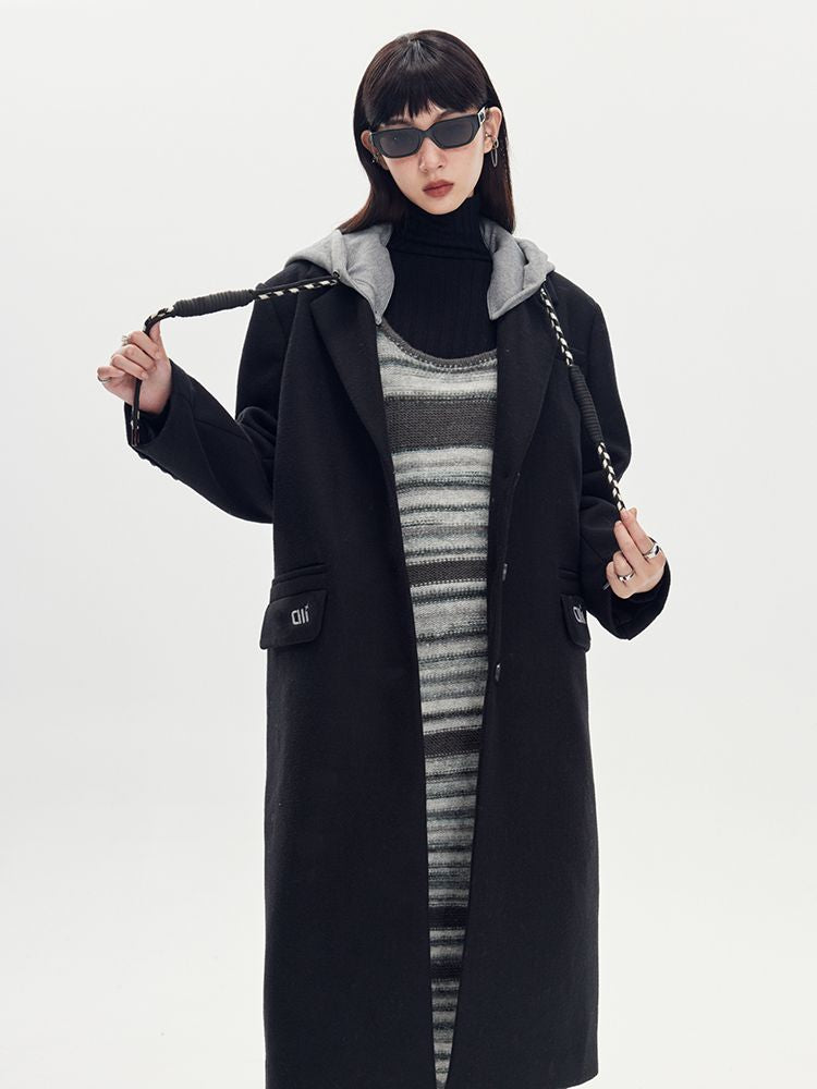 바이 컬러 까마귀 긴 캐주얼 코트