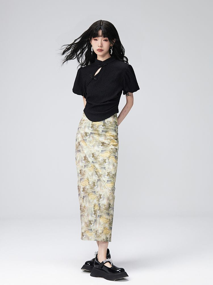 PUFF-SLEEVE FLOWER RETRO BLOUSE & PENCIL-SKIRT