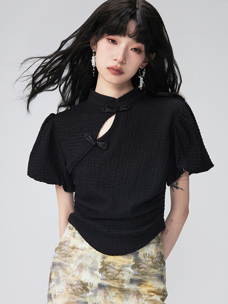 PUFF-SLEEVE FLOWER RETRO BLOUSE & PENCIL-SKIRT