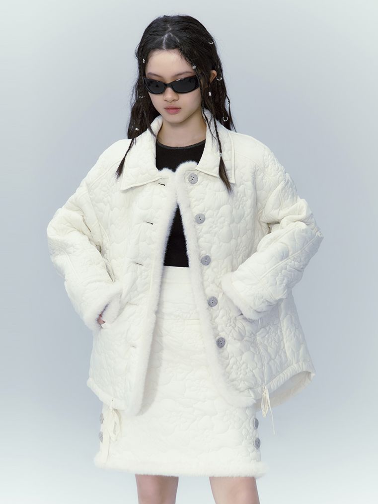Quilting Fluffy FUR JACKET & SKIRT SET-UP