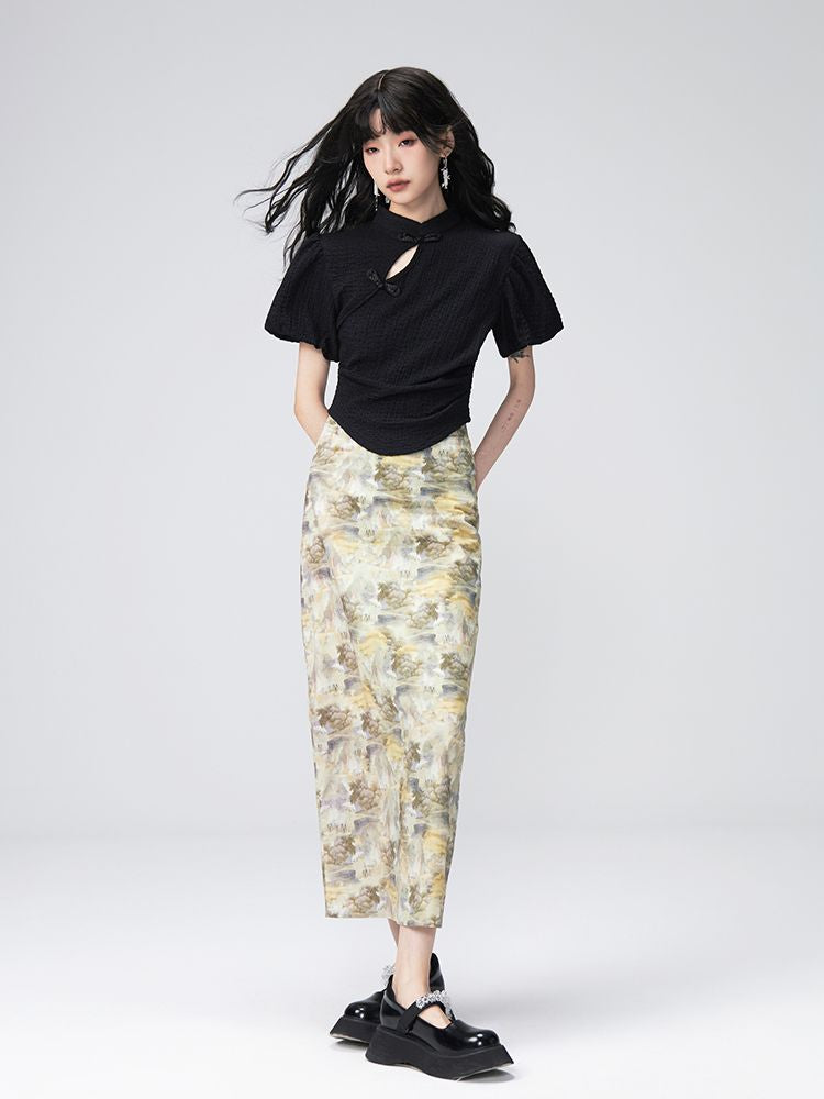 PUFF-SLEEVE FLOWER RETRO BLOUSE & PENCIL-SKIRT