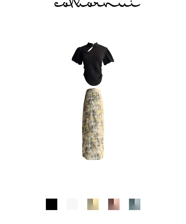 PUFF-SLEEVE FLOWER RETRO BLOUSE & PENCIL-SKIRT