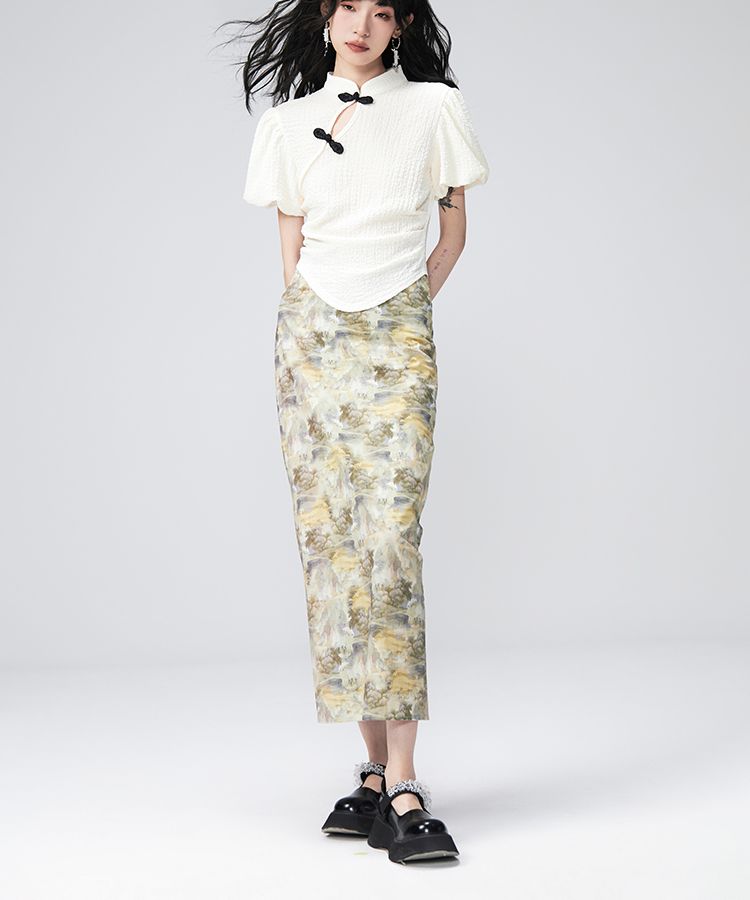 PUFF-SLEEVE FLOWER RETRO BLOUSE & PENCIL-SKIRT