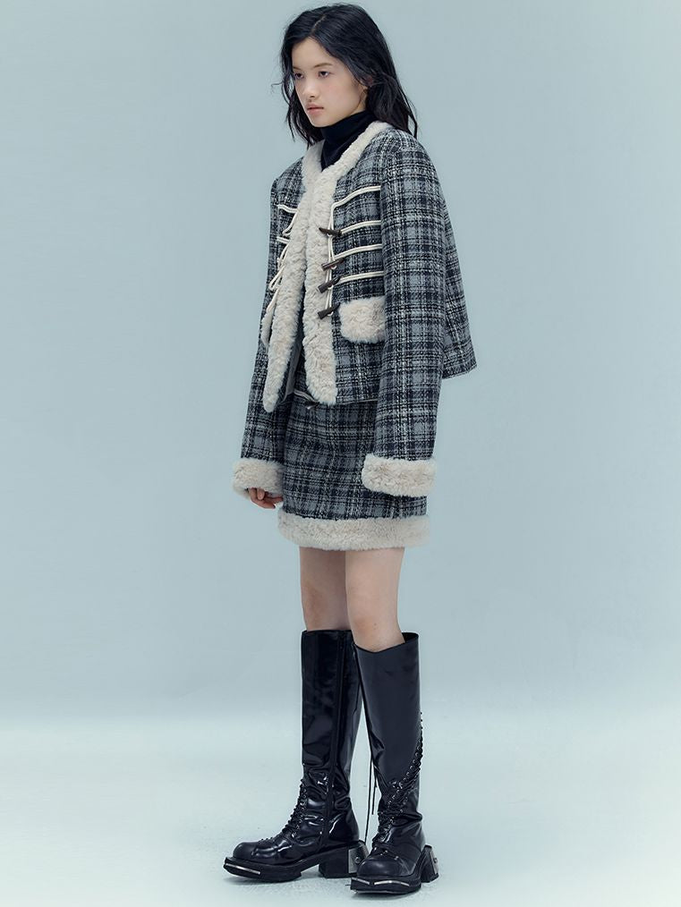 Checked Boa Retro Cute Short-Skirt