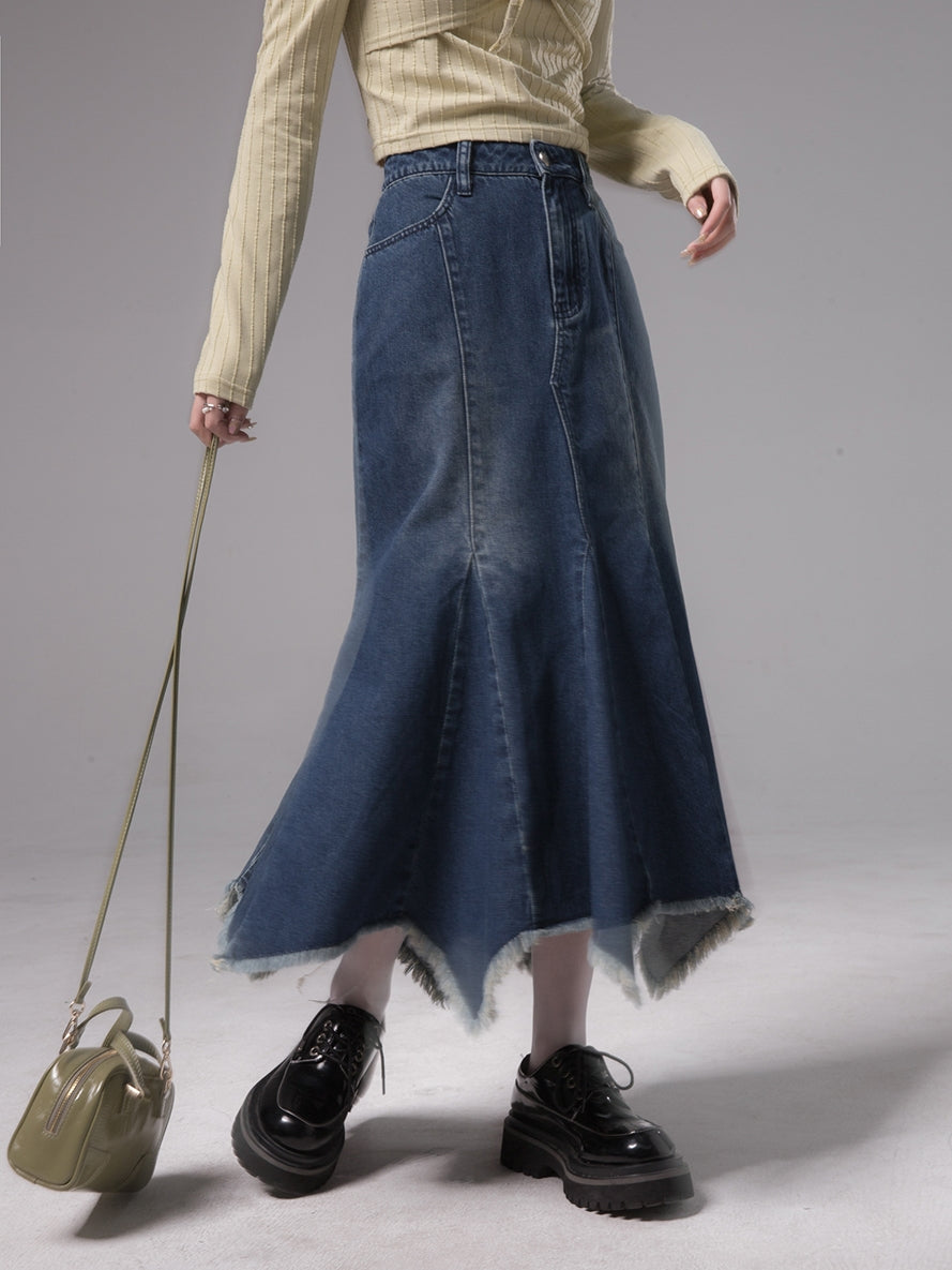 TASSEL MERMAID FADED-DENIM FLARE LONG-SKIRT – ARCANA ARCHIVE