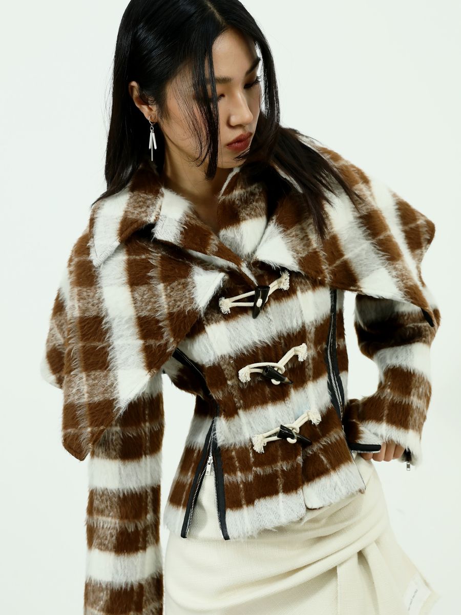 BIG-COLLAR CHECKED FLUFFY RETRO WOOL COAT