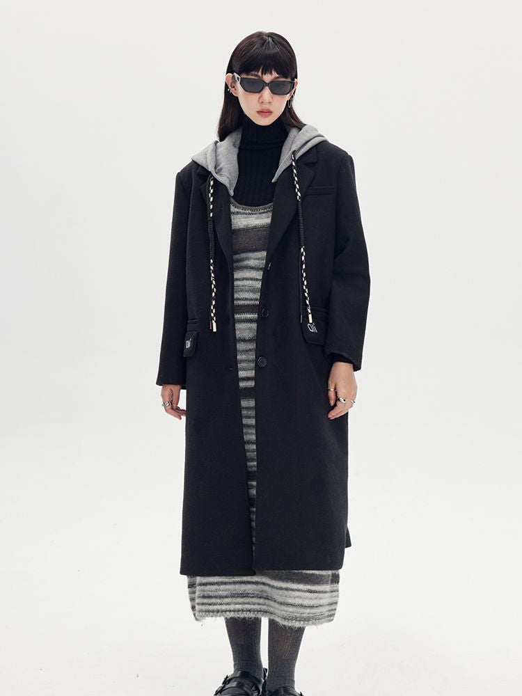 바이 컬러 까마귀 긴 캐주얼 코트