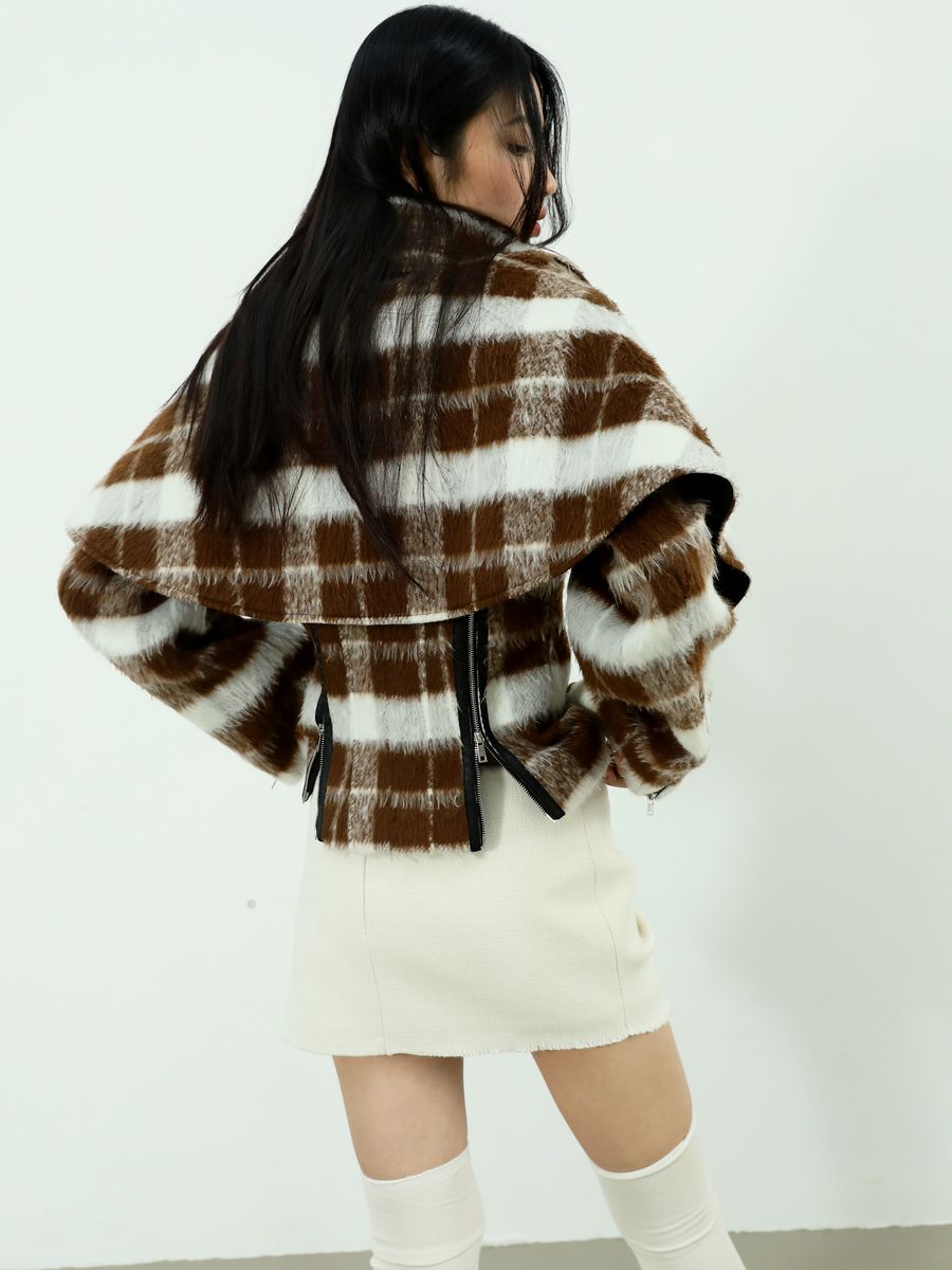 BIG-COLLAR CHECKED FLUFFY RETRO WOOL COAT