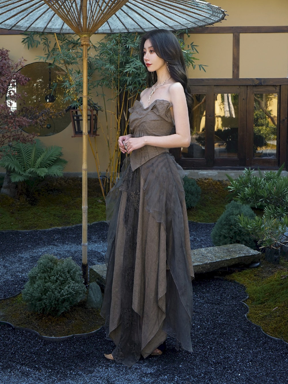 DRESS ELEGAMT LACE FLUFFILY CIFFON MODEST TOPS & SKIRT
