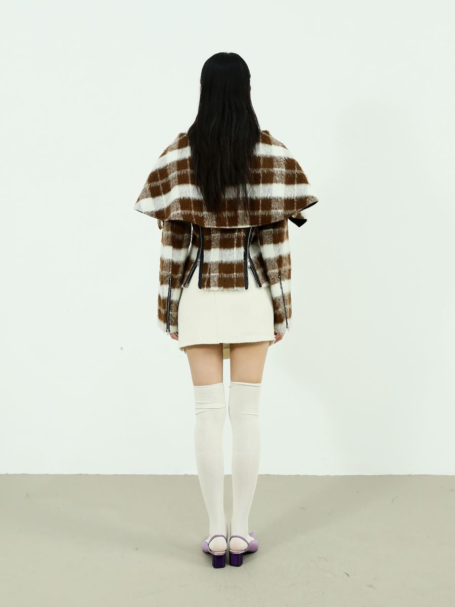 BIG-COLLAR CHECKED FLUFFY RETRO WOOL COAT