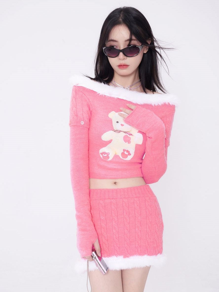 Boat-neck Fur Pop Cute Fluffy Arm-cover Knit&Skirt