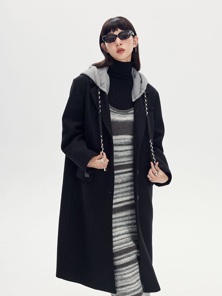 바이 컬러 까마귀 긴 캐주얼 코트