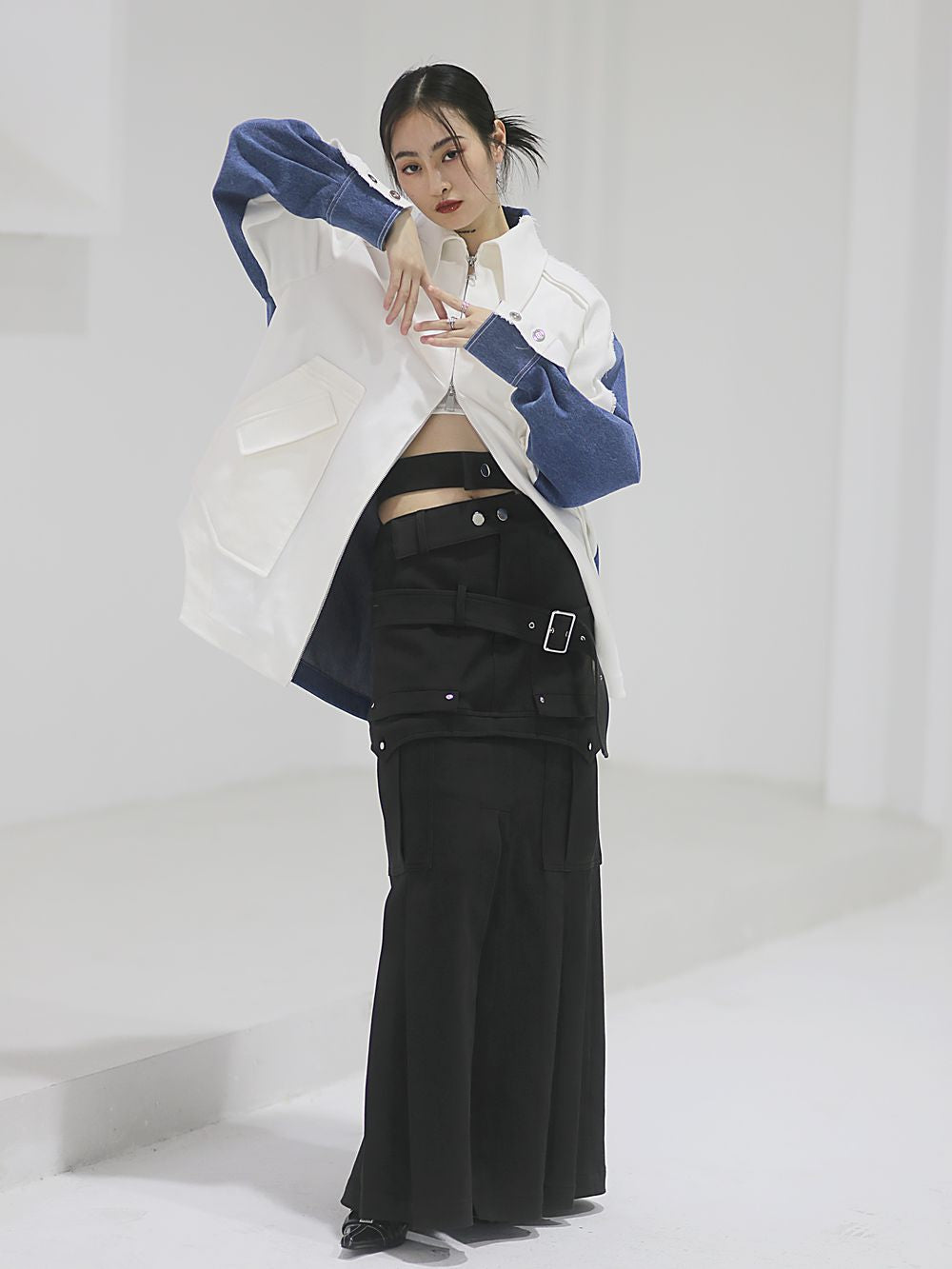 긴 니치 벨트 주름 캐주얼 치마