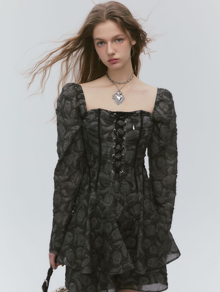 Vintage Retro Tiered 2WAY LACE-UP ONE-PIECE