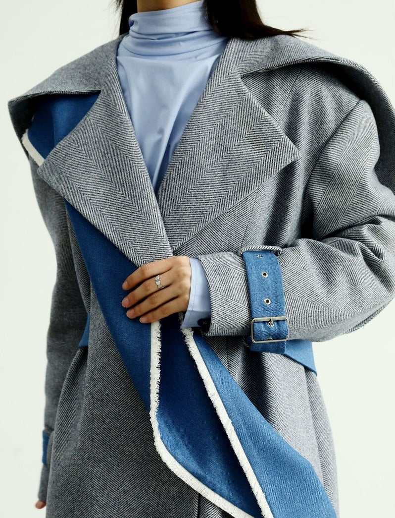Nichi-Collar Long Bi-Color Coat