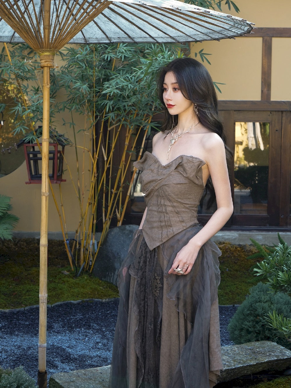 DRESS ELEGAMT LACE FLUFFILY CIFFON MODEST TOPS & SKIRT