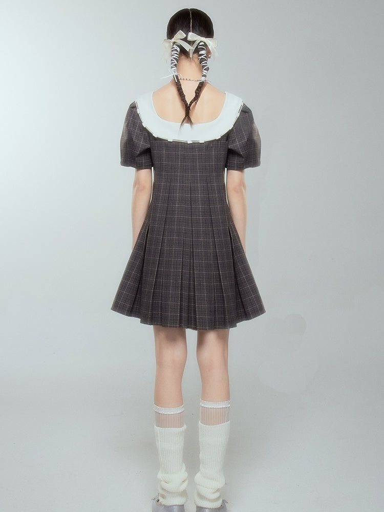 Girly Checked College PLEATS FLARE ONE-PIECE