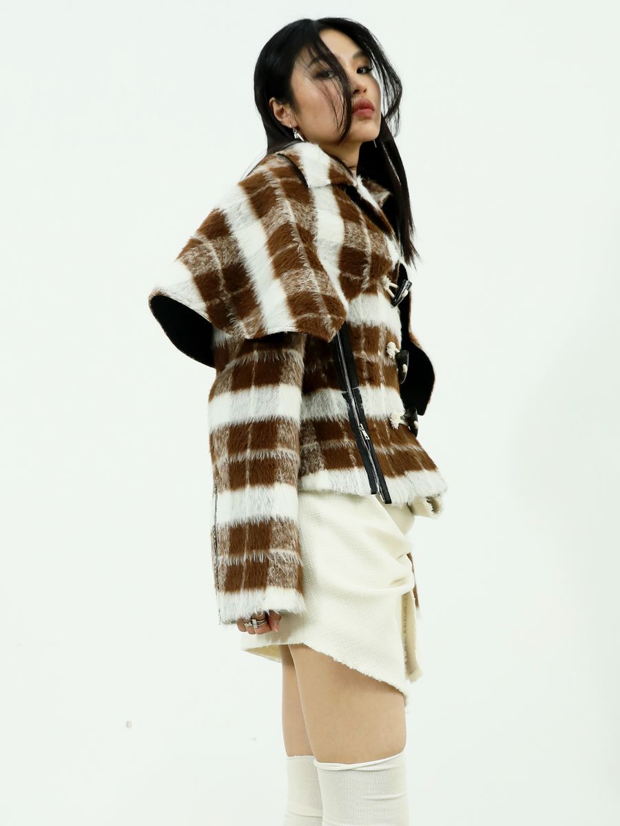 BIG-COLLAR CHECKED FLUFFY RETRO WOOL COAT