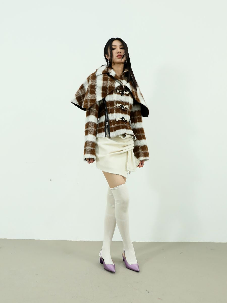BIG-COLLAR CHECKED FLUFFY RETRO WOOL COAT