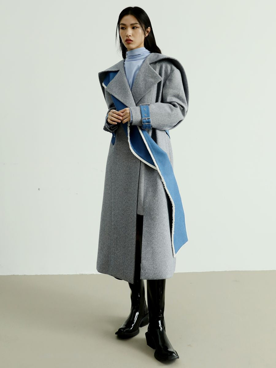 Nichi-Collar Long Bi-Color Coat
