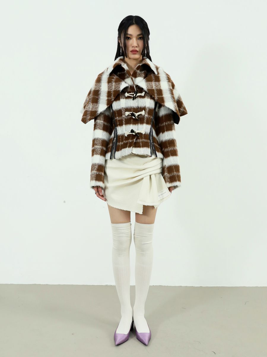 BIG-COLLAR CHECKED FLUFFY RETRO WOOL COAT