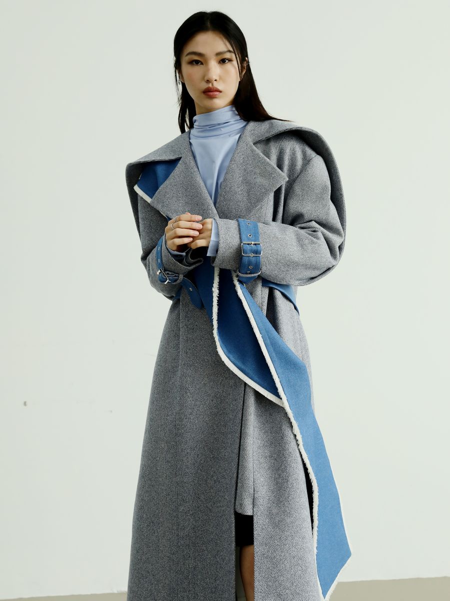 Nichi-Collar Long Bi-Color Coat