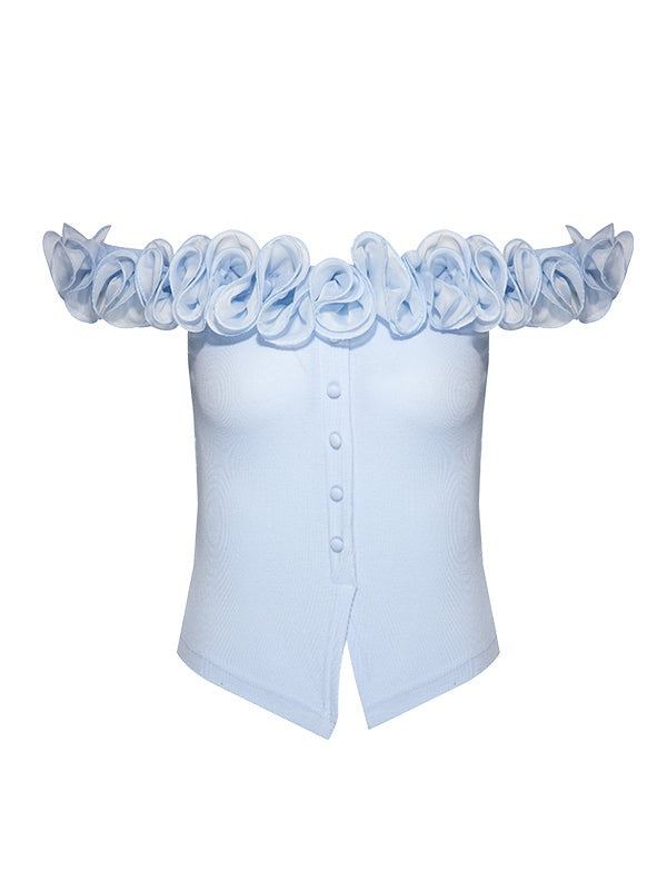 Off-Shouder-Blume Stretch Stretch Slim Top gestrickt