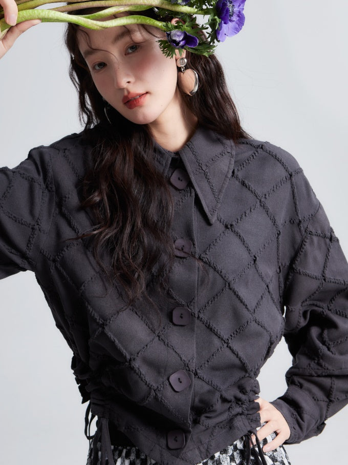 Rhombus Textured Waist Drawstring Short Shirt