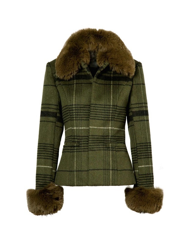 Plaid Woolen Splicing Jacket & A-Line Skirt