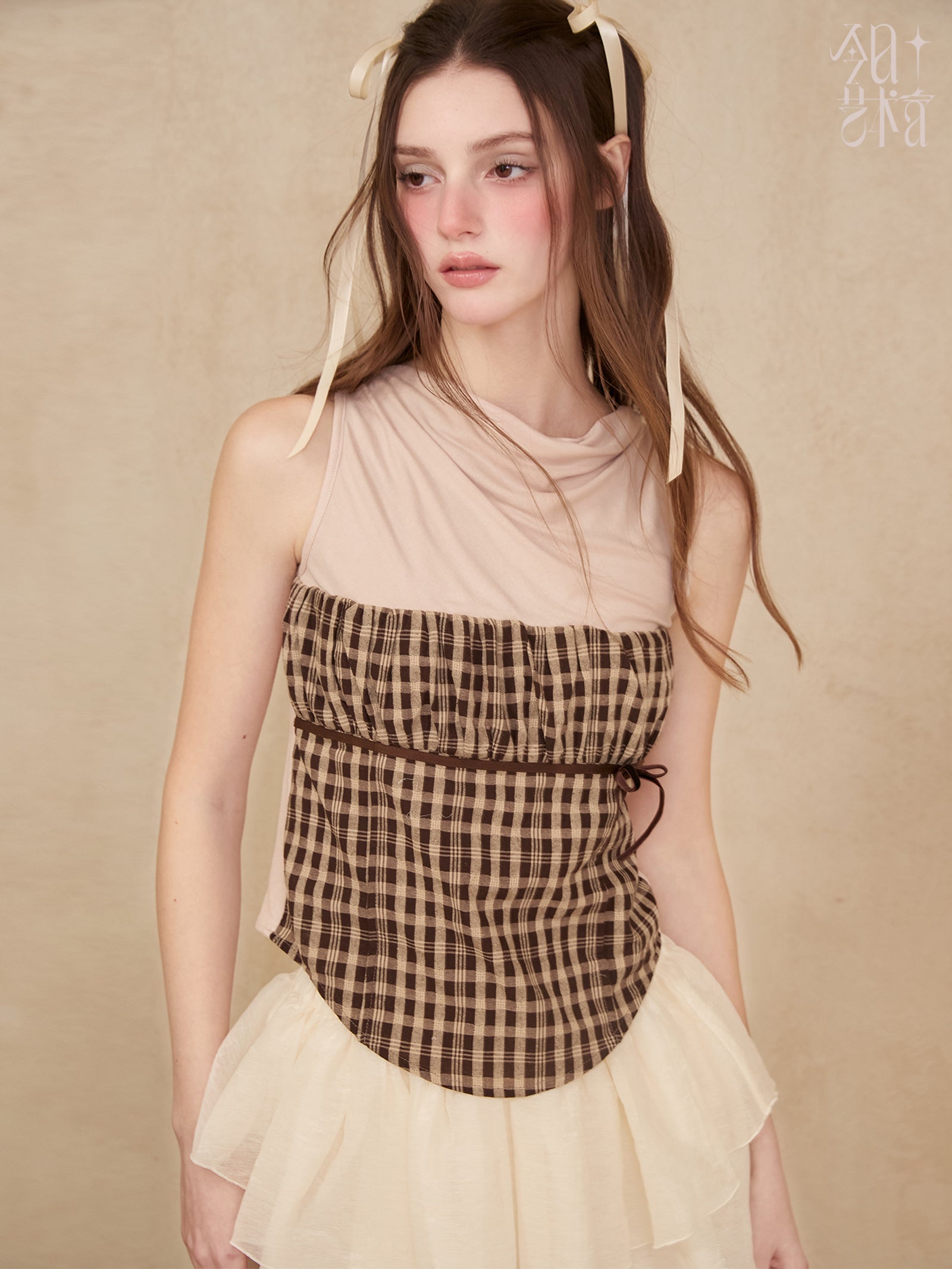 Plaid Splicing Sleevels Top & Short Cardigan