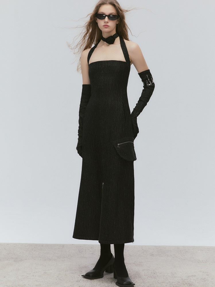 Hanging Neck Zipper Waist Strap Dress