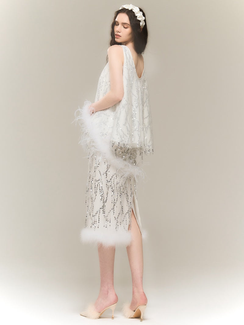 SEQUINED MESH IRREGULAR BLOUSE & SEQUINED SKIRT