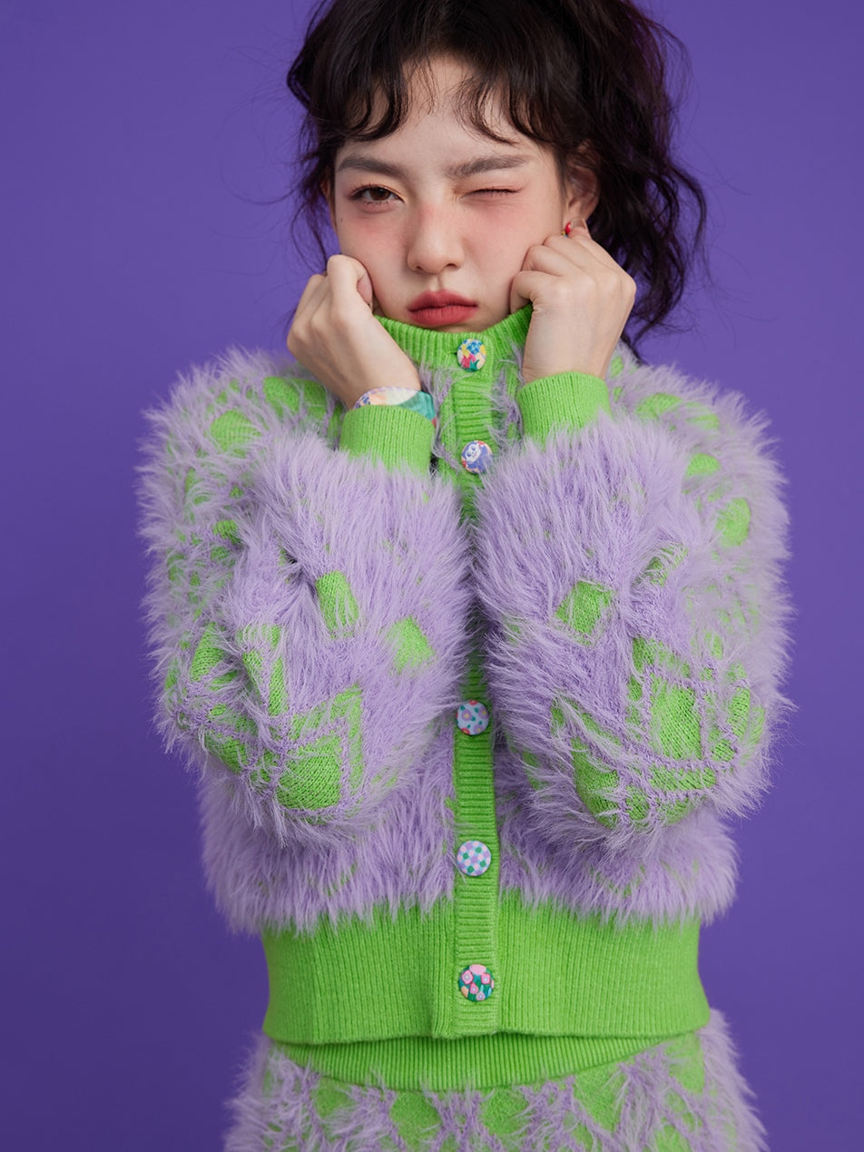 Diamond Check Plush Cardigan & Knitted Skirt