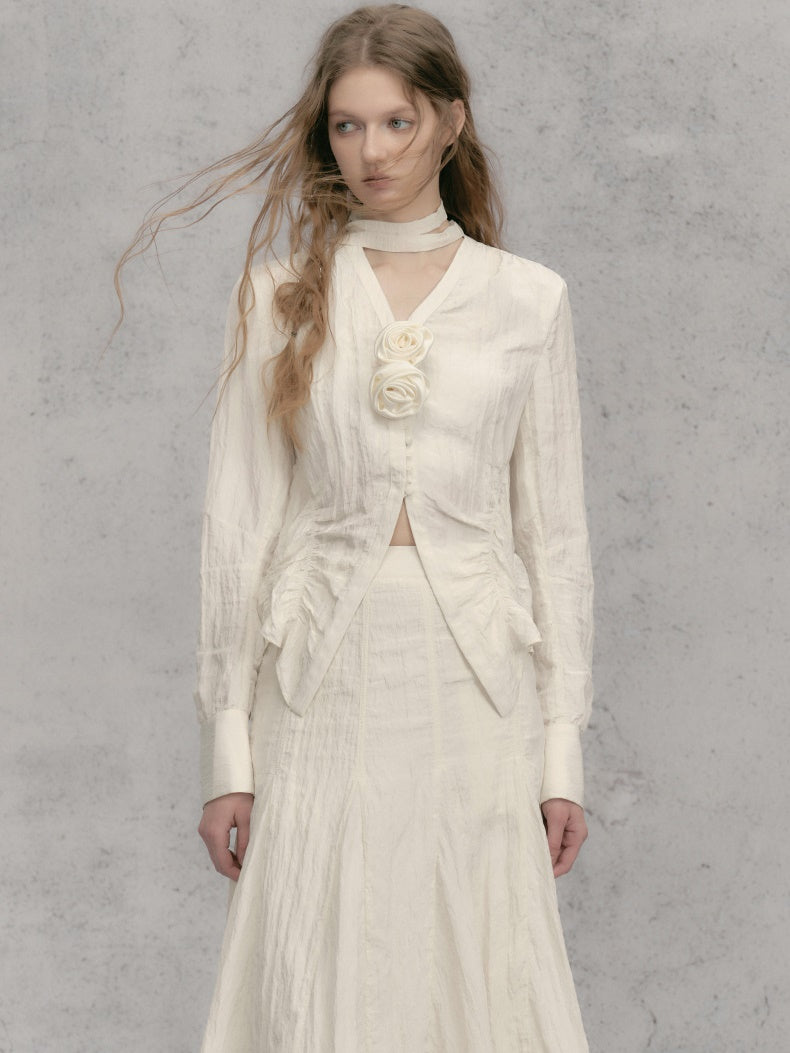 Rose French V-Neck Micro-Waist Shirring Shirt & Skirt