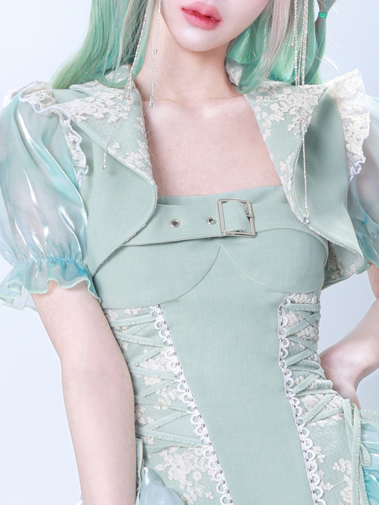 레이스 타이 염색 퍼프 슬리브 짧은 재킷