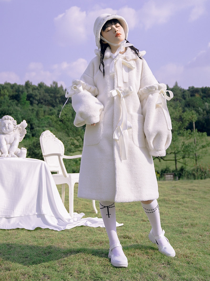 토끼 이어 보아 귀여운 리본 코트