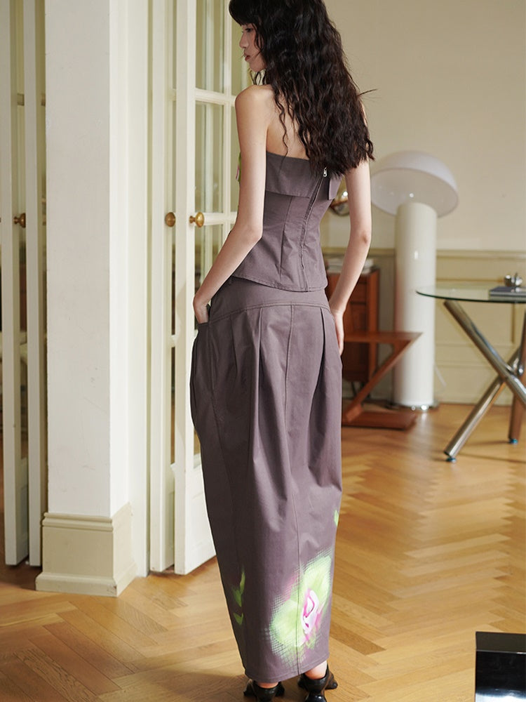 중국 스타일의 플로럴 프린트 버드 스커트