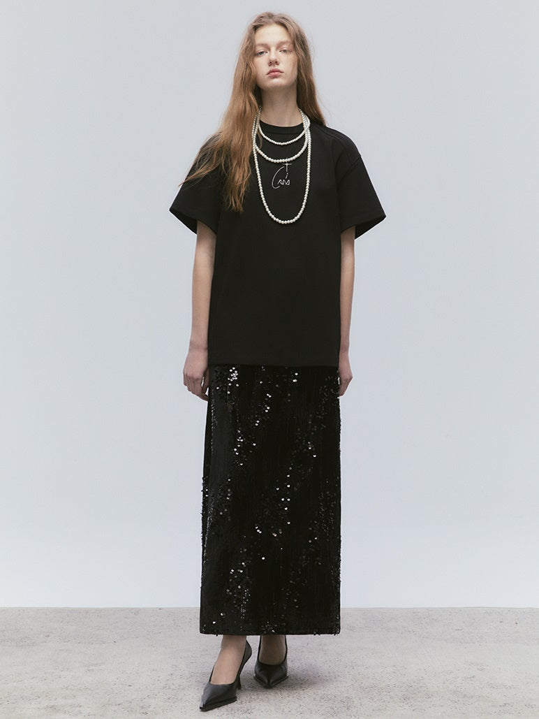 영어 자수 둥근 목 티셔츠