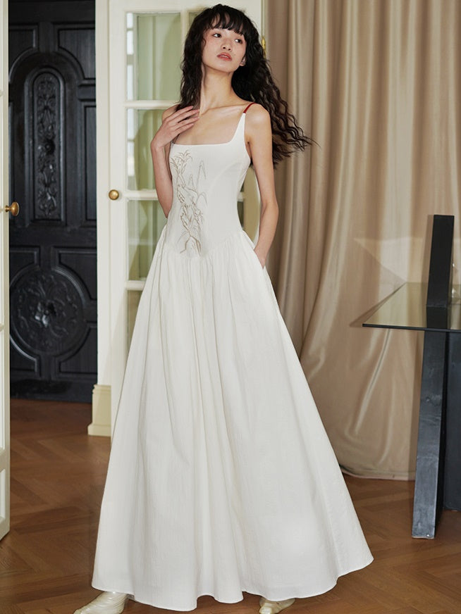 Embroidered Long Backless Sling Dress