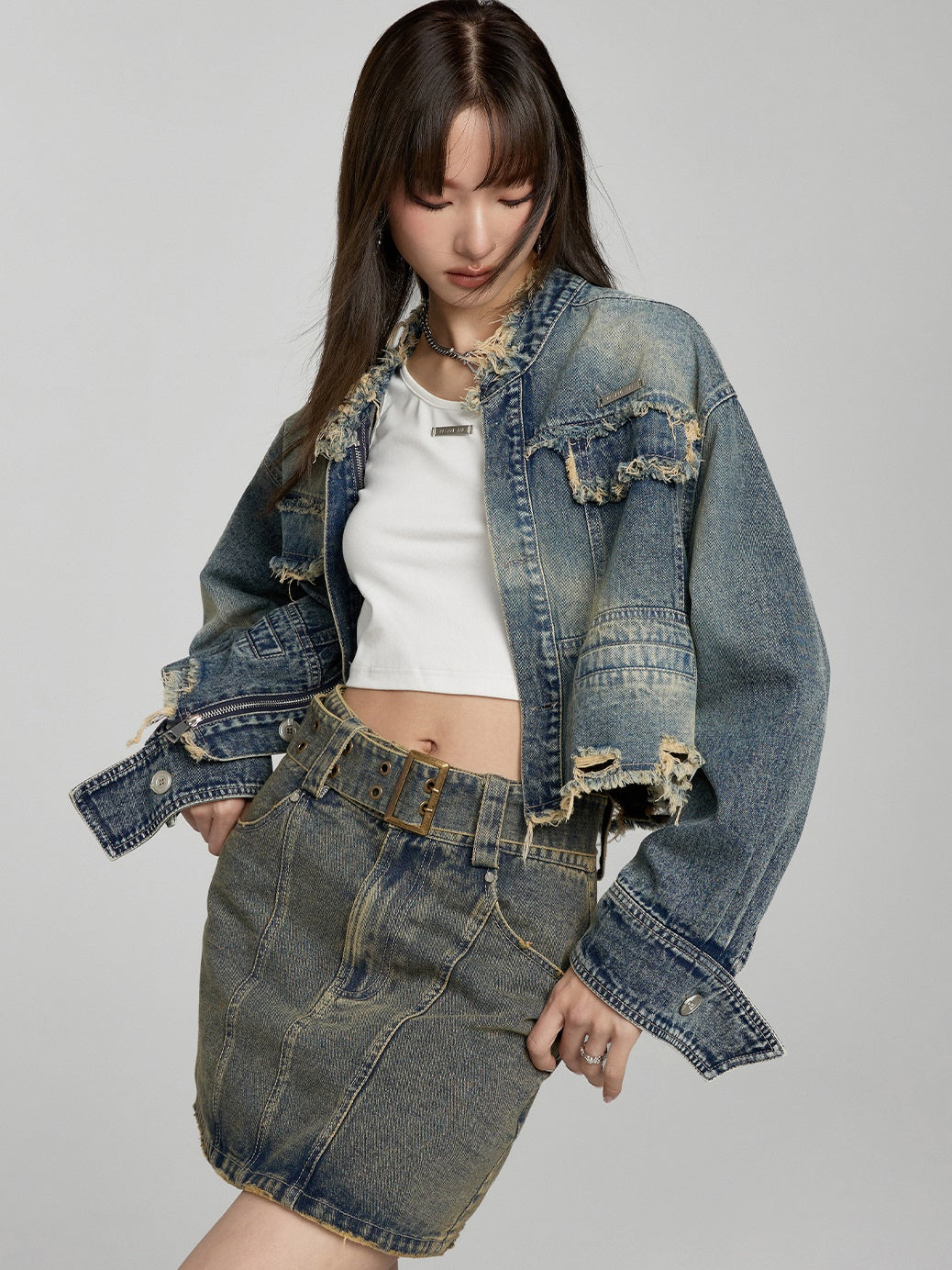 High -Waisted Split a -line Denim Skirt