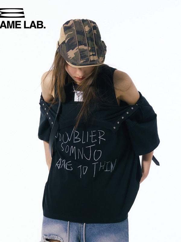 LOOSE Letter Print Shoulder Snap Button T-Shirt