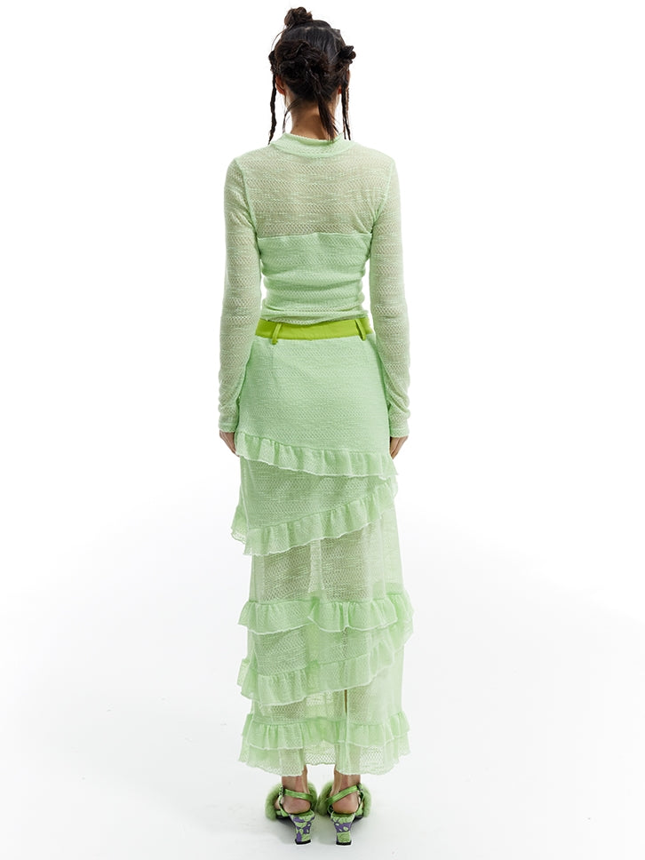 다층 장거리 니트 레이스 스커트